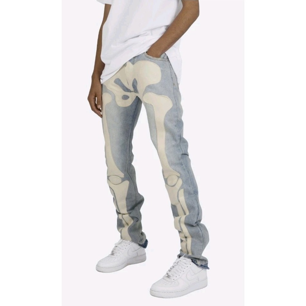 NEW MNML D184 Skeleton Denim Bone Pants Blue White MEN 36x35